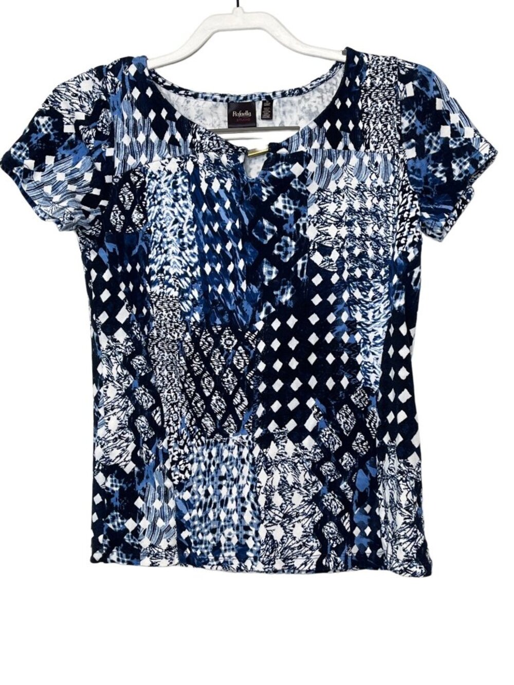 Rafaella Top Womens S Blue White Abstract Print Stretch Short Sleeve Blouse